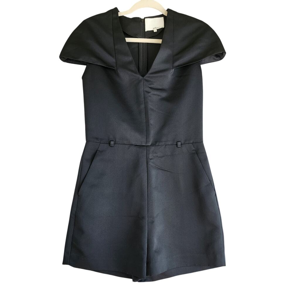 3.1 Phillip Lim Womens Satin Romper Size 4 Black Fitted Cap Sleeves V Neck